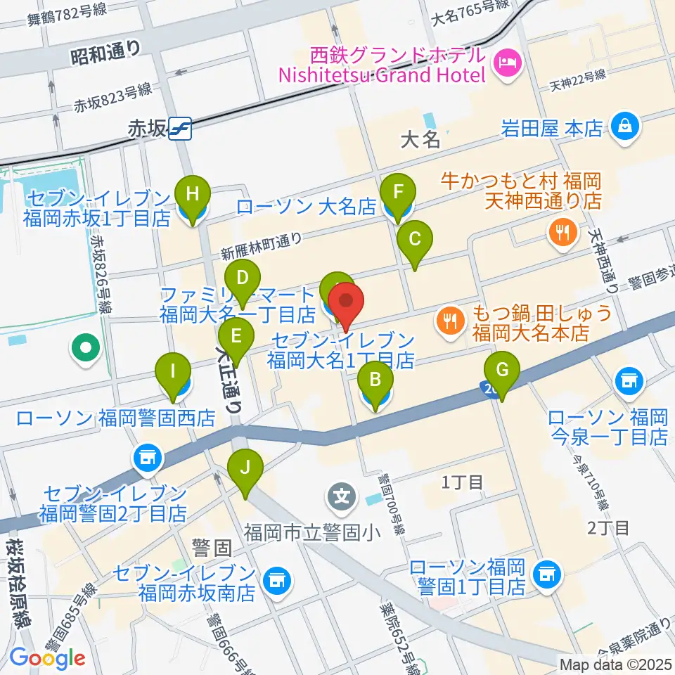 福岡大名ライブハウス秘密周辺のコンビニエンスストア一覧地図