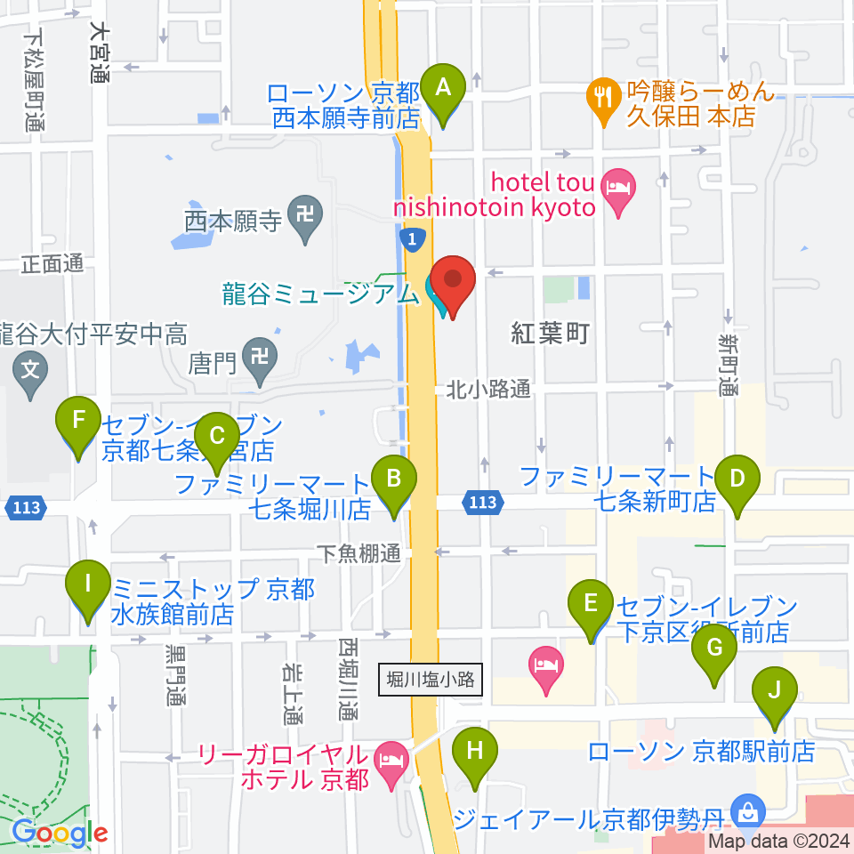 龍谷ミュージアム周辺のコンビニエンスストア一覧地図