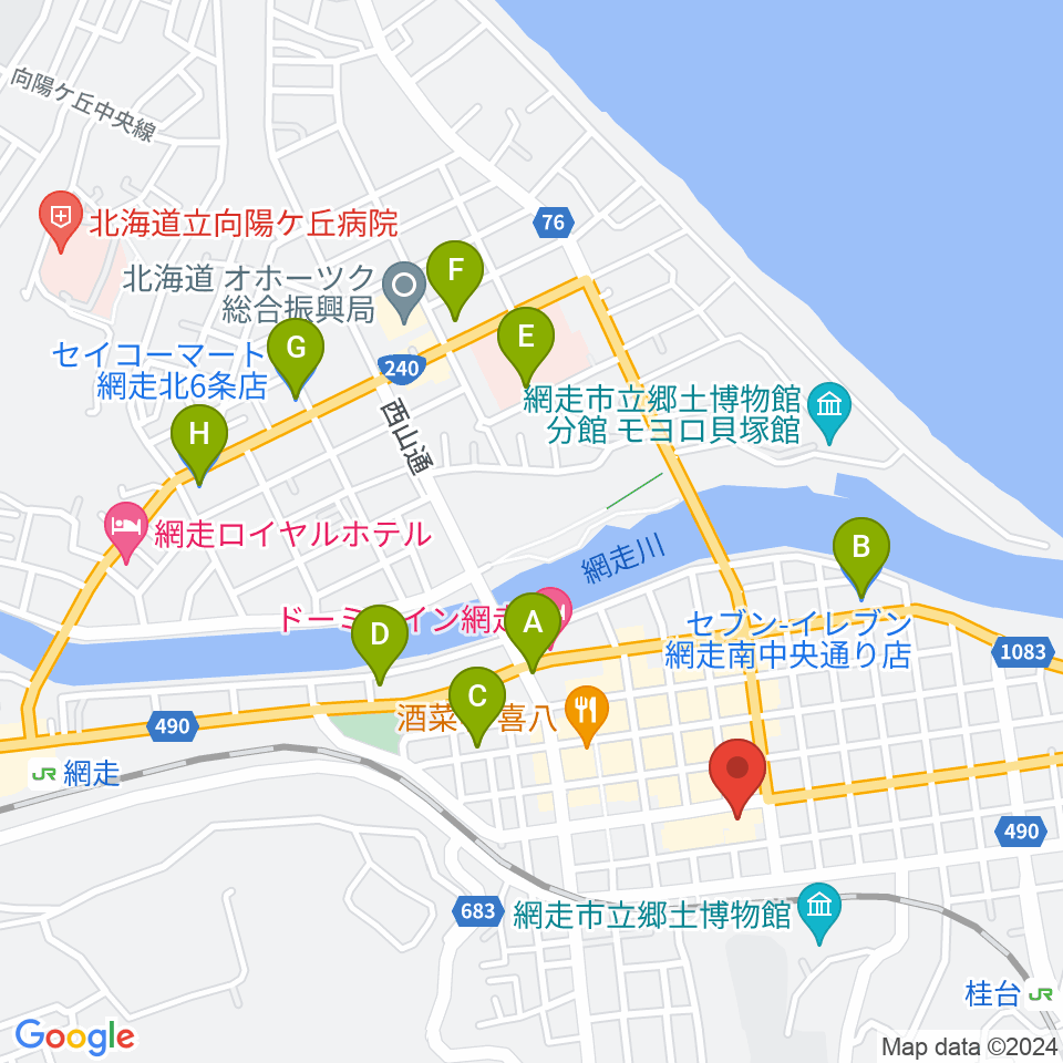 網走市立美術館周辺のコンビニエンスストア一覧地図