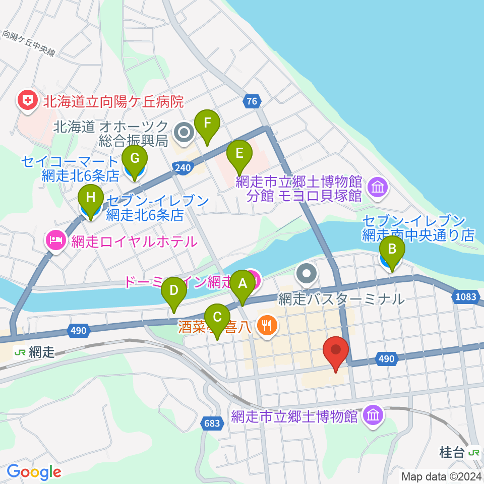 網走市立美術館周辺のコンビニエンスストア一覧地図