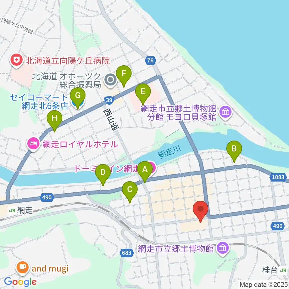 網走市立美術館周辺のコンビニエンスストア一覧地図