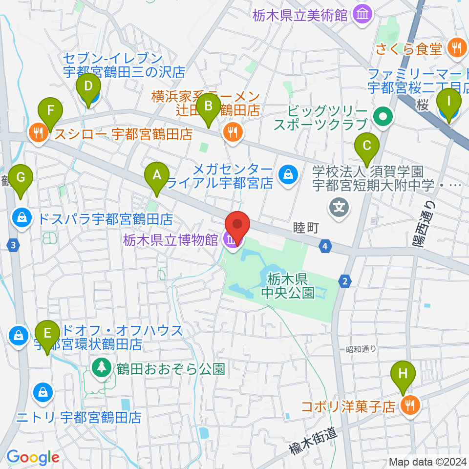 栃木県立博物館周辺のコンビニエンスストア一覧地図