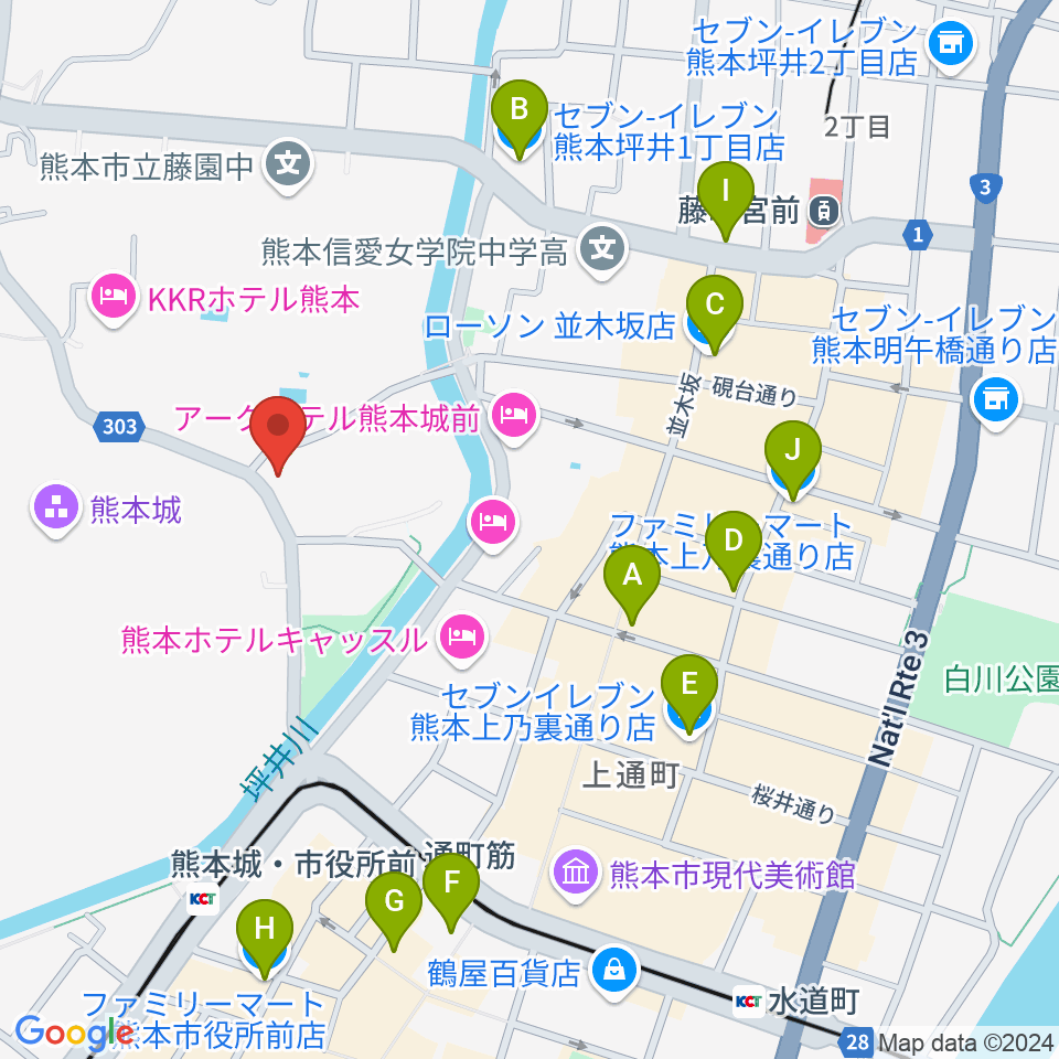 熊本県立美術館分館周辺のコンビニエンスストア一覧地図