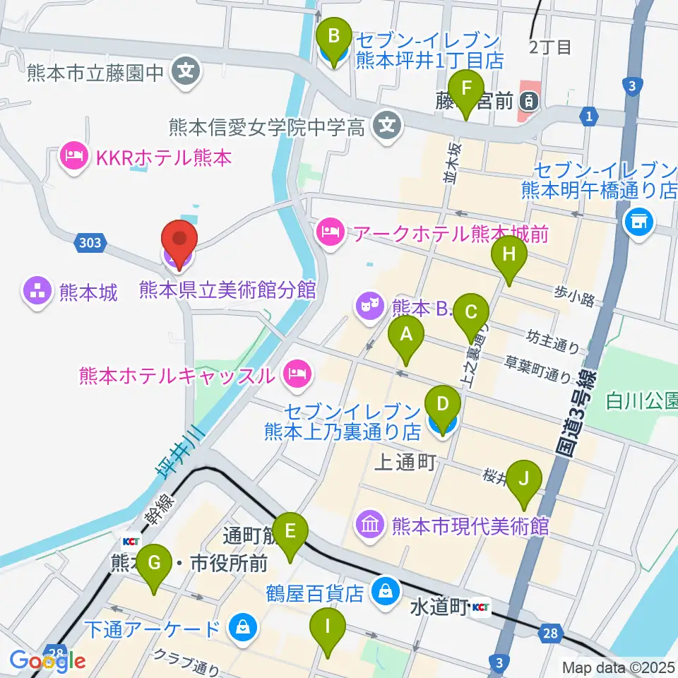 熊本県立美術館分館周辺のコンビニエンスストア一覧地図