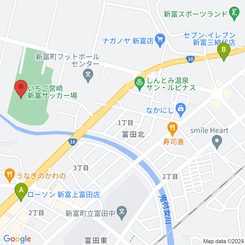 いちご宮崎新富サッカー場周辺のコンビニエンスストア一覧地図