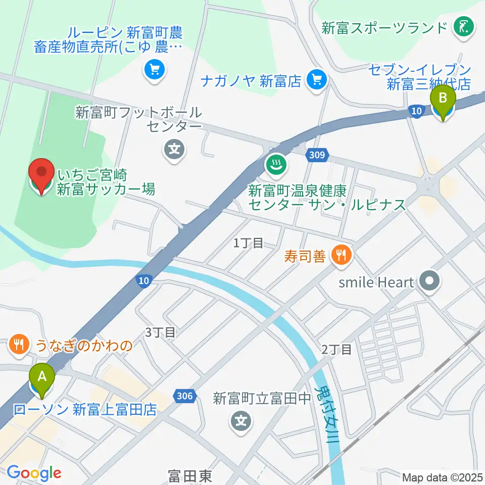 いちご宮崎新富サッカー場周辺のコンビニエンスストア一覧地図