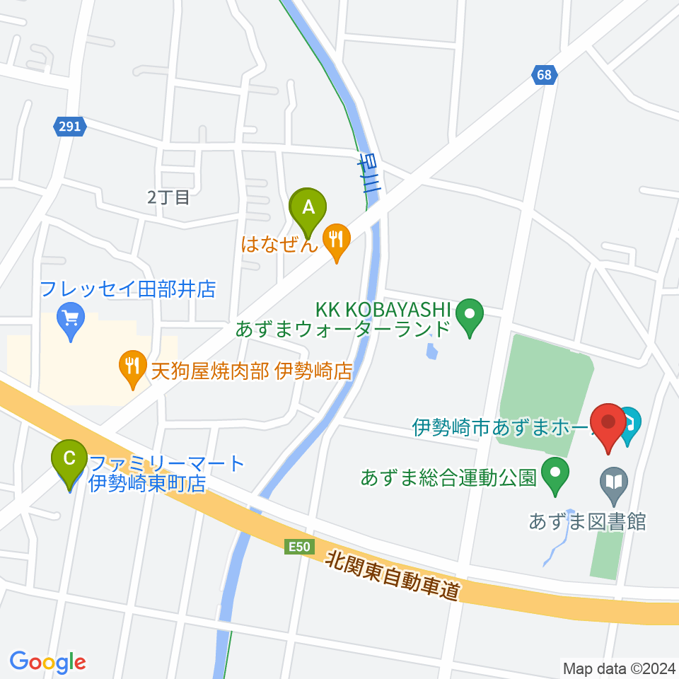 伊勢崎市あずまホール周辺のコンビニエンスストア一覧地図