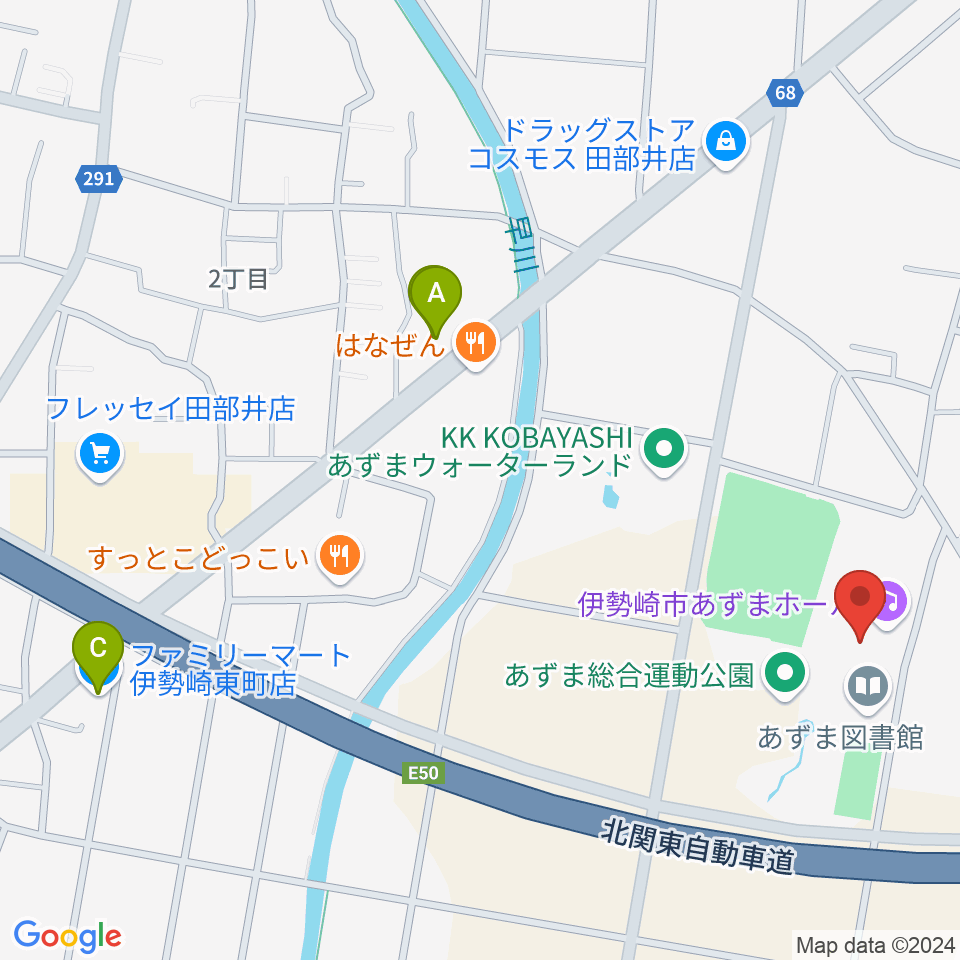 伊勢崎市あずまホール周辺のコンビニエンスストア一覧地図