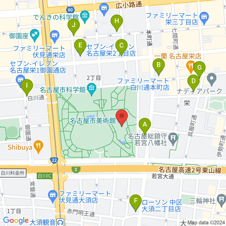 名古屋市美術館周辺のコンビニエンスストア一覧地図