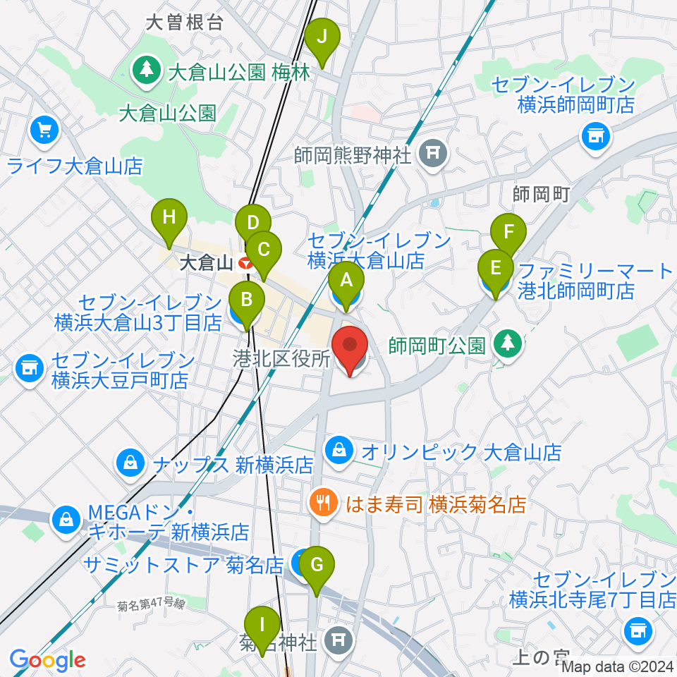 横浜市港北公会堂周辺のコンビニエンスストア一覧地図