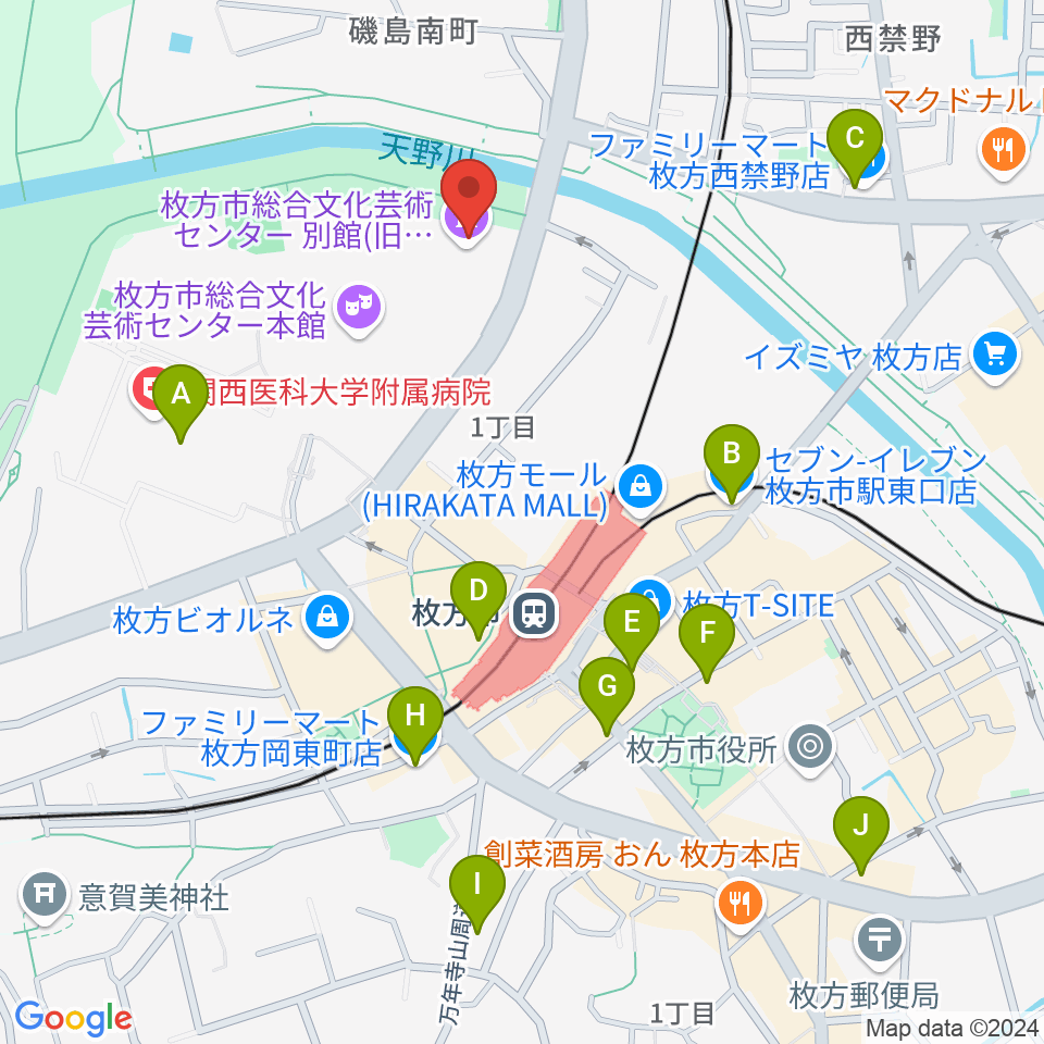 枚方市総合文化芸術センター別館周辺のコンビニエンスストア一覧地図