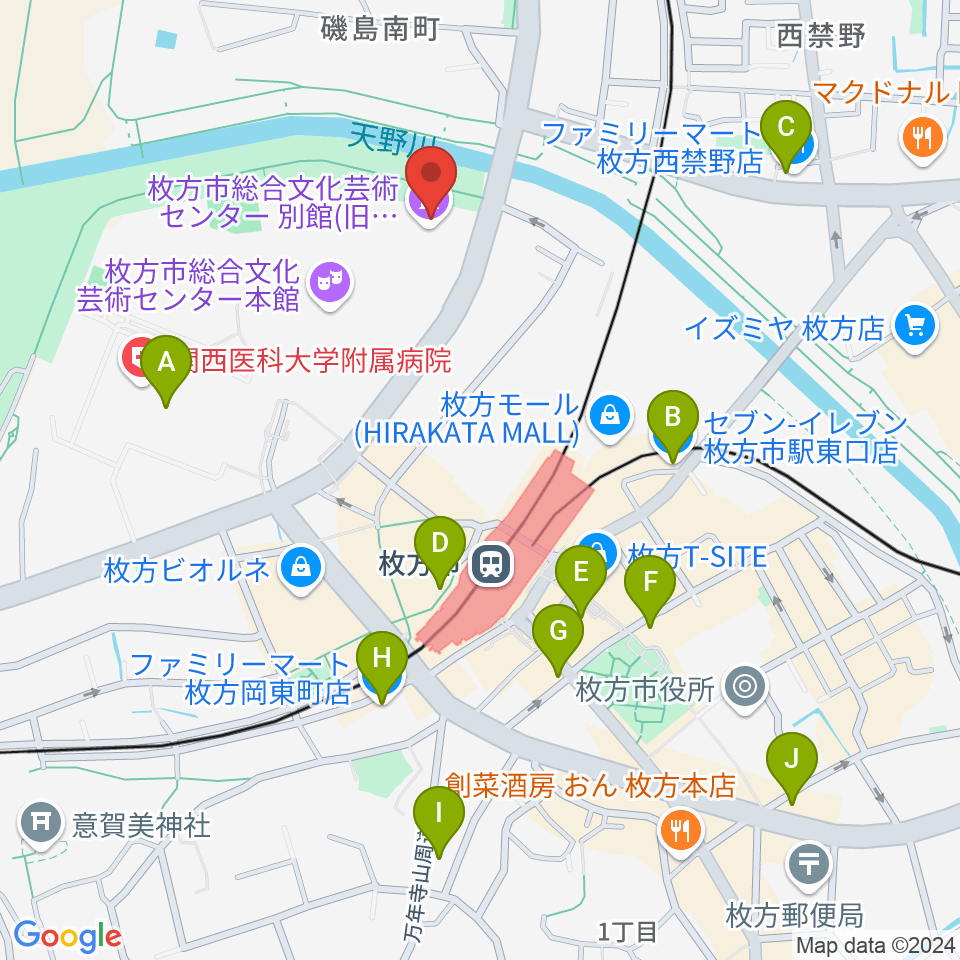 枚方市総合文化芸術センター別館周辺のコンビニエンスストア一覧地図