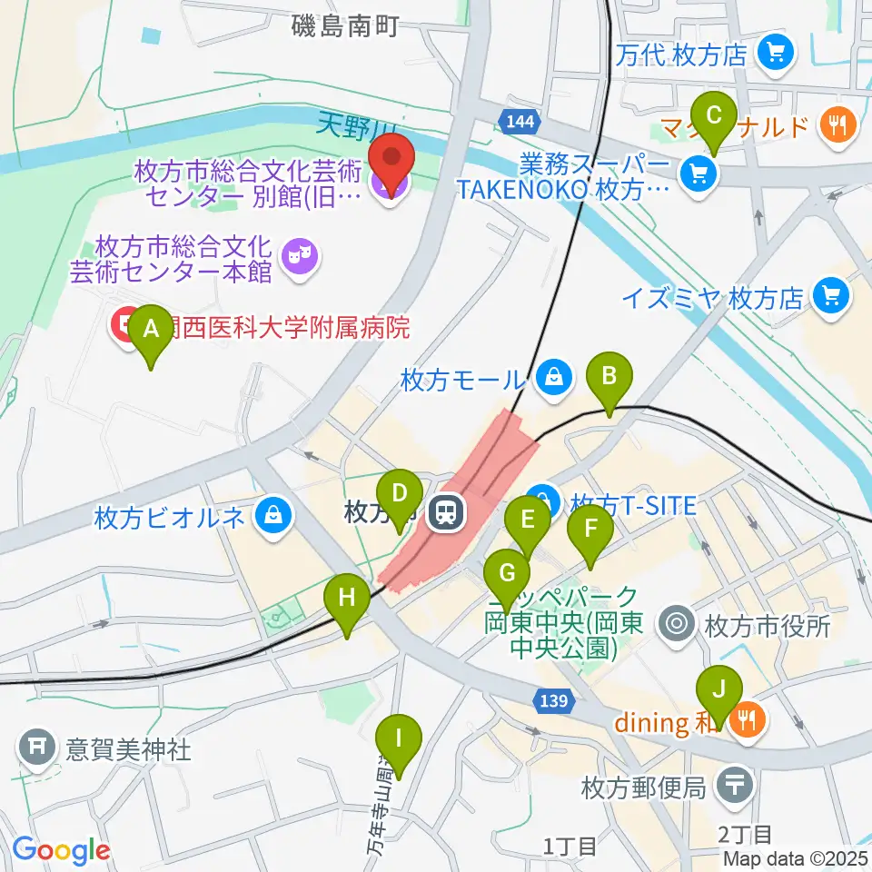 枚方市総合文化芸術センター別館周辺のコンビニエンスストア一覧地図