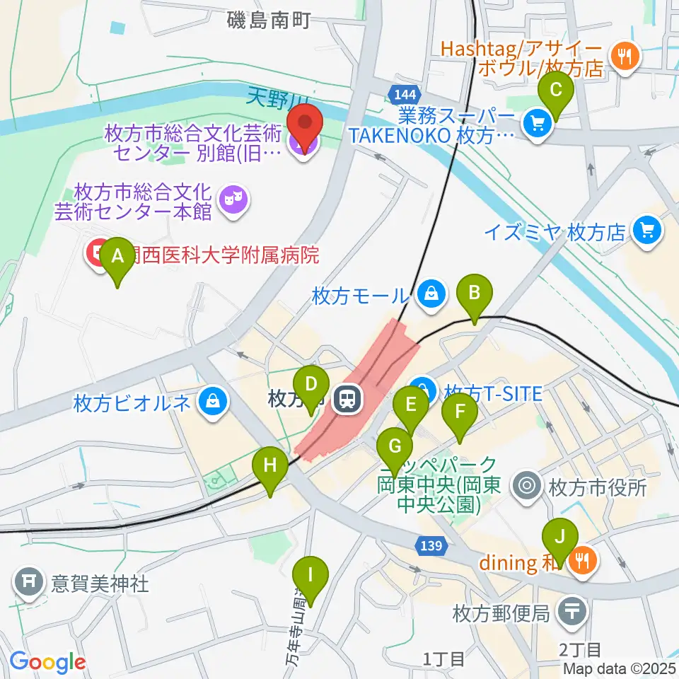 枚方市総合文化芸術センター別館周辺のコンビニエンスストア一覧地図