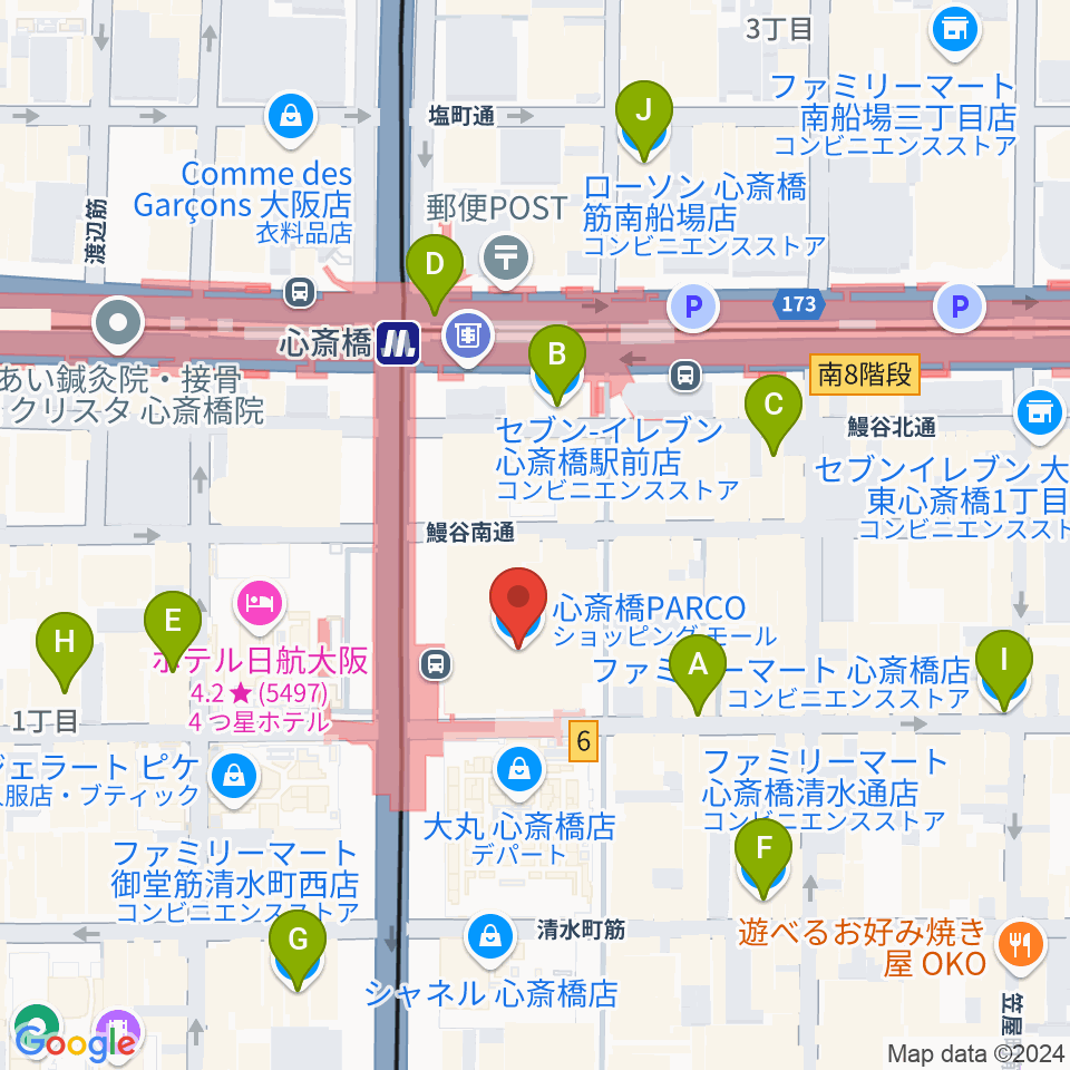 シアタス心斎橋周辺のコンビニエンスストア一覧地図