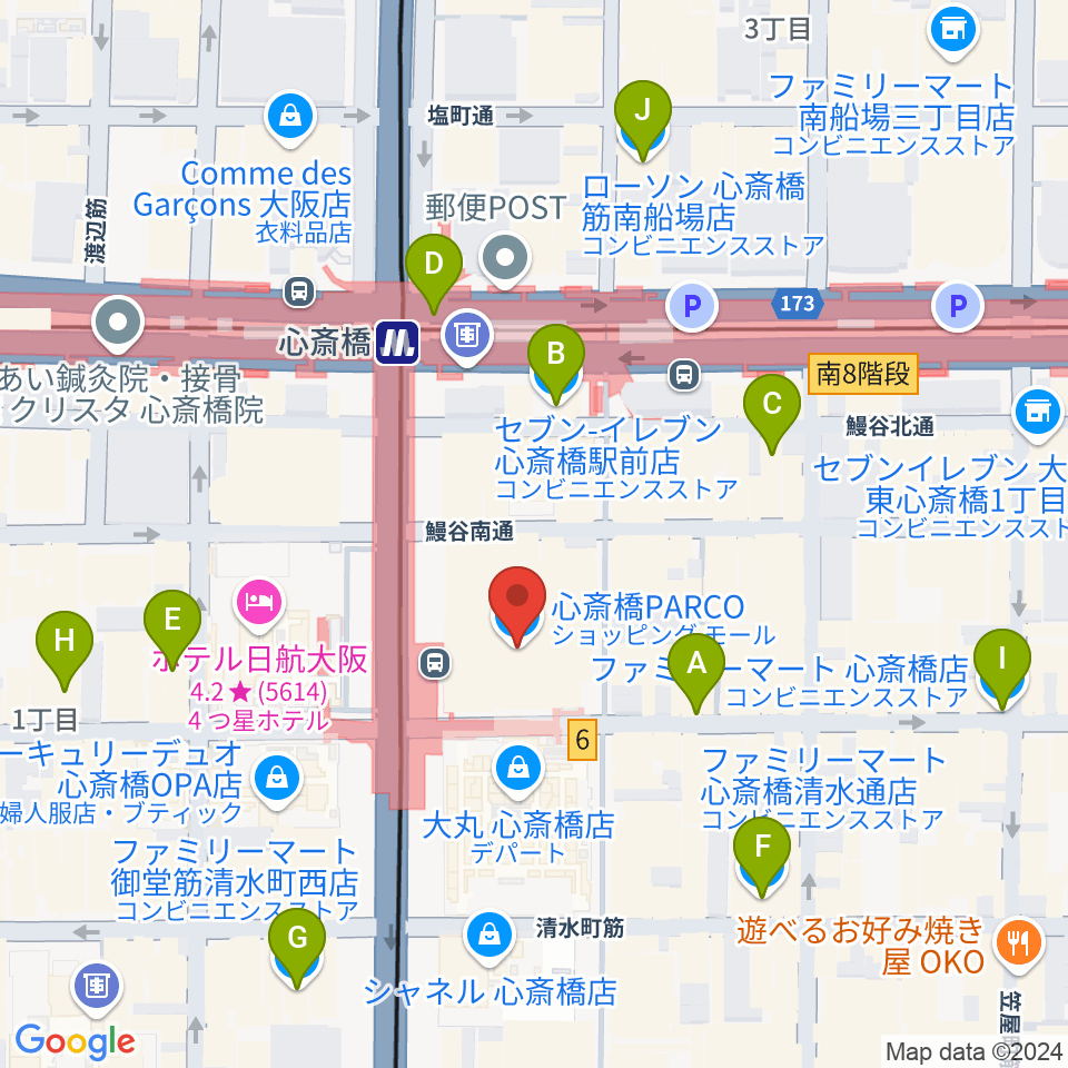 シアタス心斎橋周辺のコンビニエンスストア一覧地図