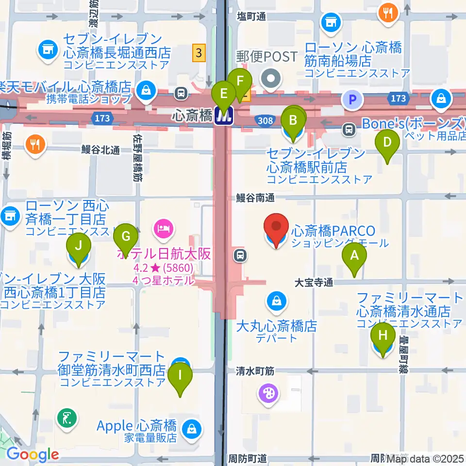 シアタス心斎橋周辺のコンビニエンスストア一覧地図