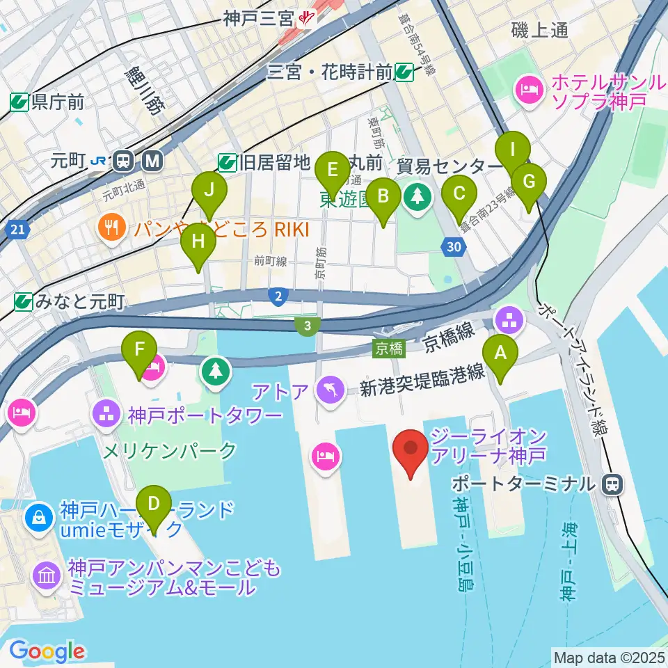 ジーライオンアリーナ神戸周辺のコンビニエンスストア一覧地図