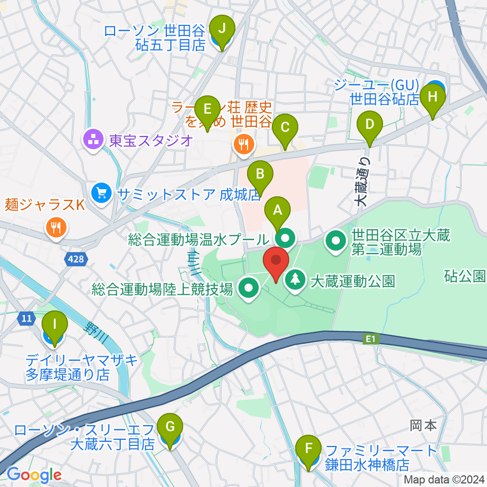 世田谷区立総合運動場体育館周辺のコンビニエンスストア一覧地図