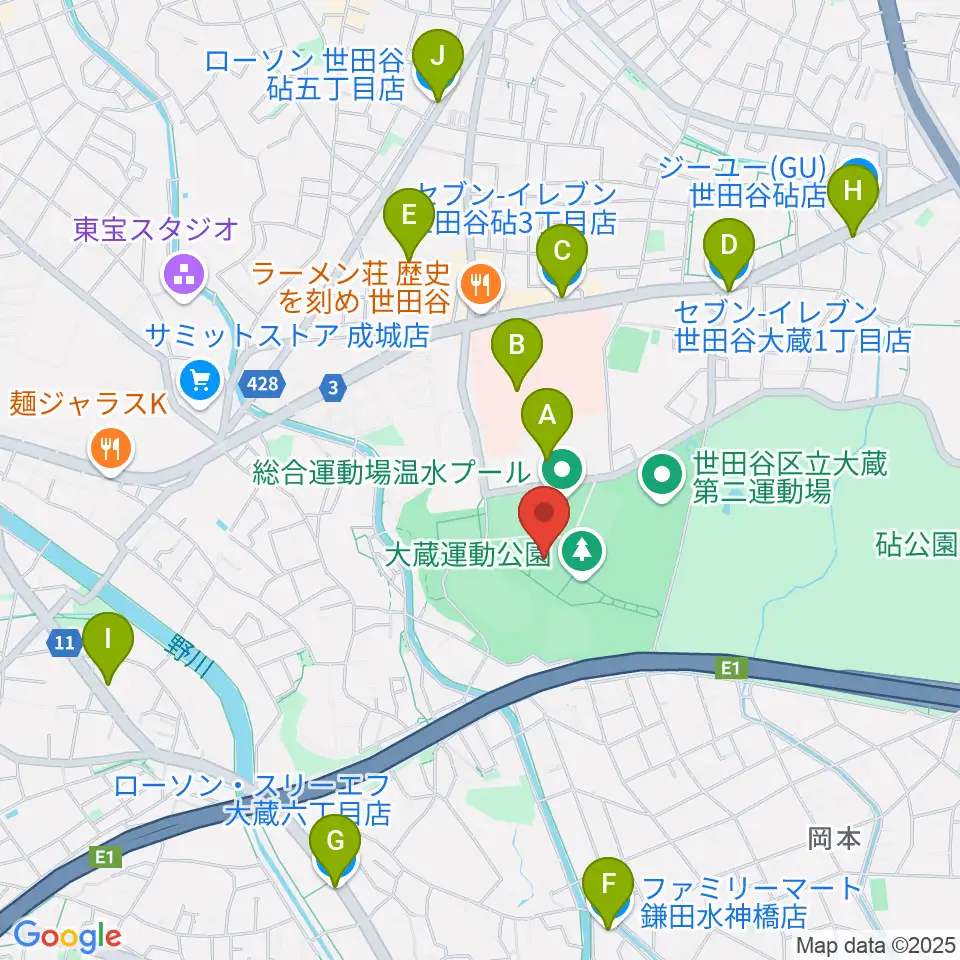 世田谷区立総合運動場体育館周辺のコンビニエンスストア一覧地図