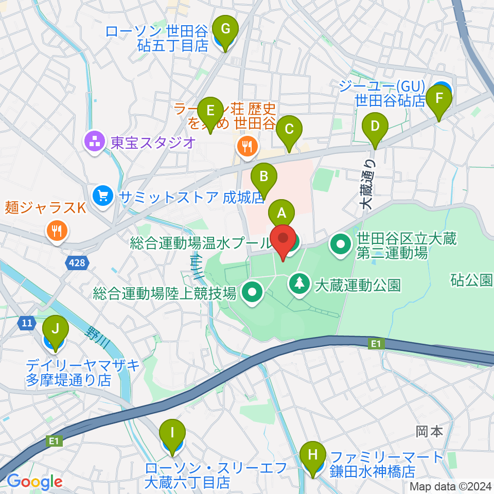 世田谷区立総合運動場温水プール周辺のコンビニエンスストア一覧地図