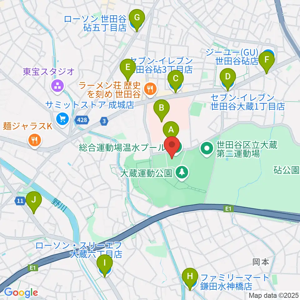 世田谷区立総合運動場温水プール周辺のコンビニエンスストア一覧地図