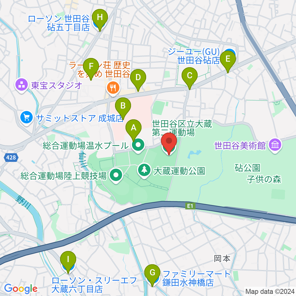 大蔵第二運動場体育館周辺のコンビニエンスストア一覧地図