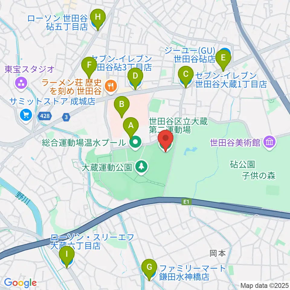 大蔵第二運動場体育館周辺のコンビニエンスストア一覧地図