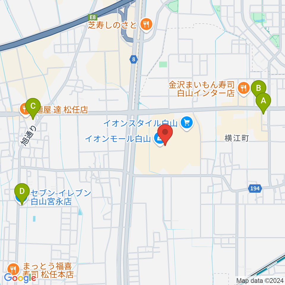 イオンシネマ白山周辺のコンビニエンスストア一覧地図