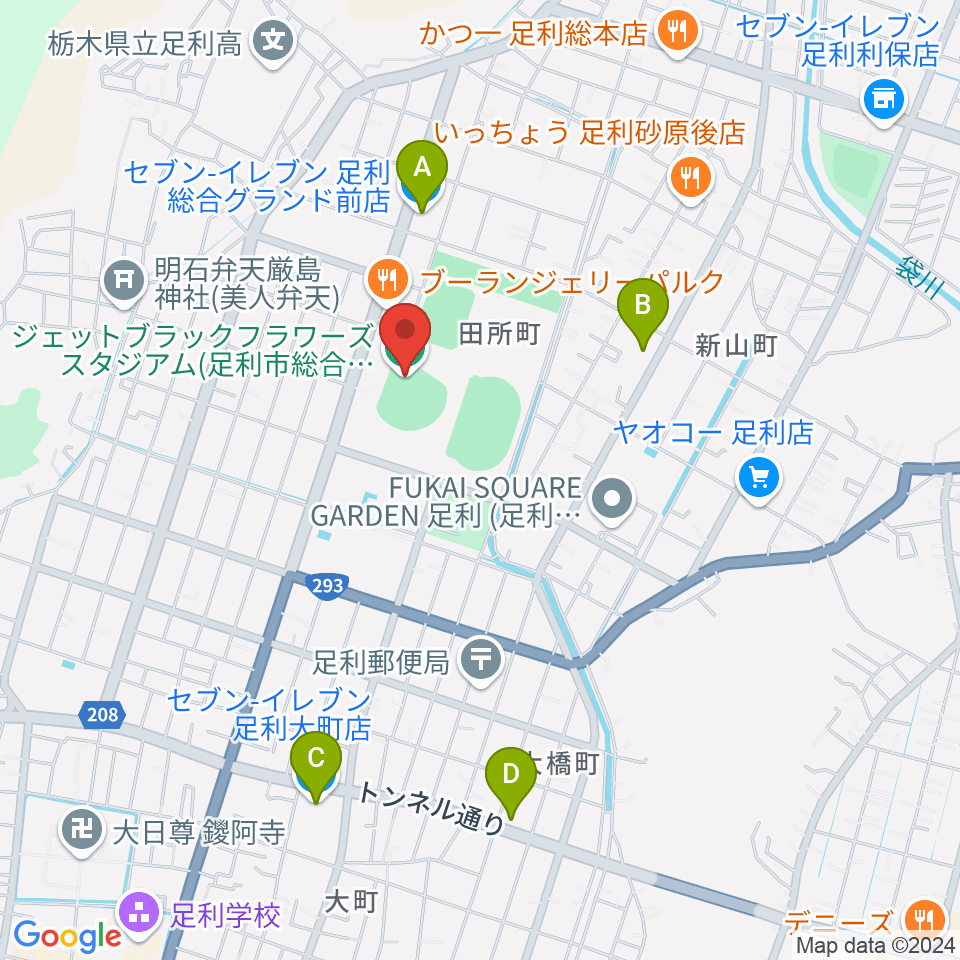 ジェットブラックフラワーズスタジアム周辺のコンビニエンスストア一覧地図