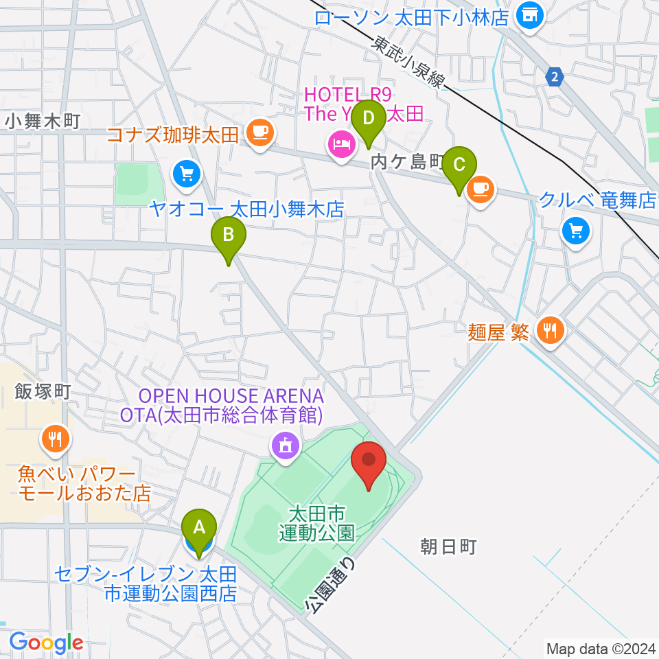 太田市運動公園陸上競技場周辺のコンビニエンスストア一覧地図