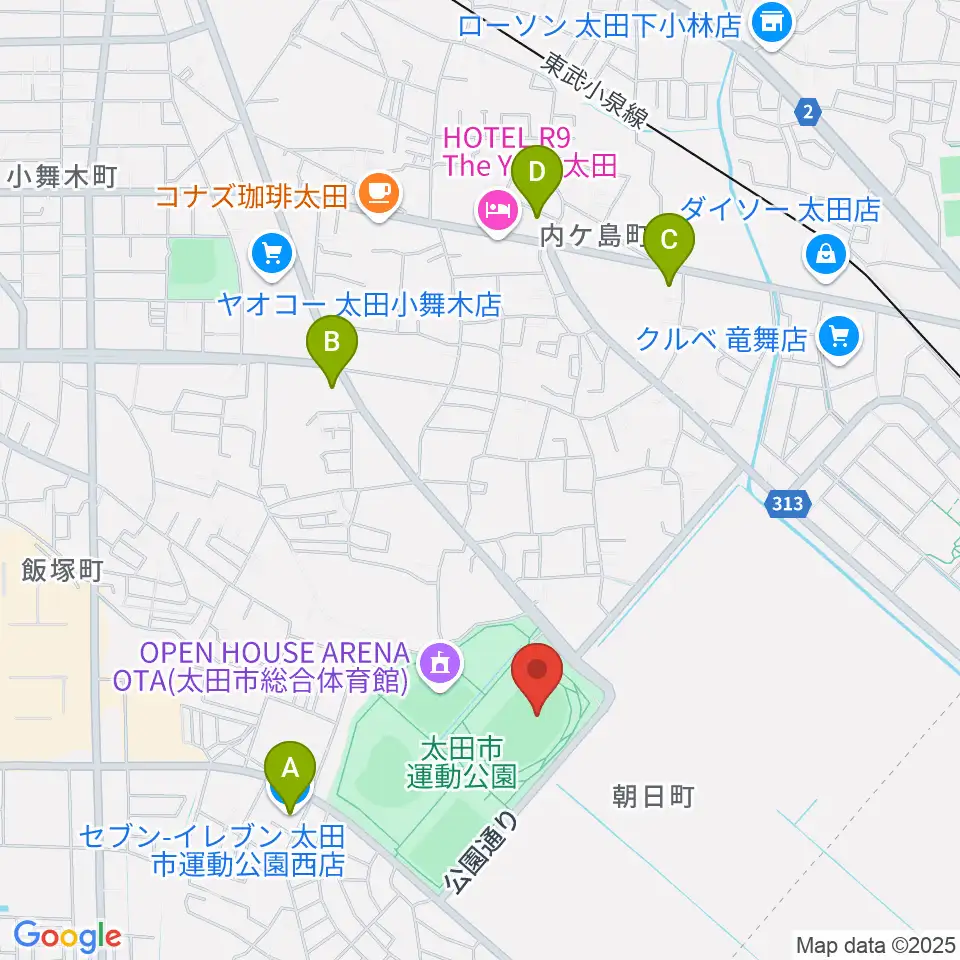太田市運動公園陸上競技場周辺のコンビニエンスストア一覧地図