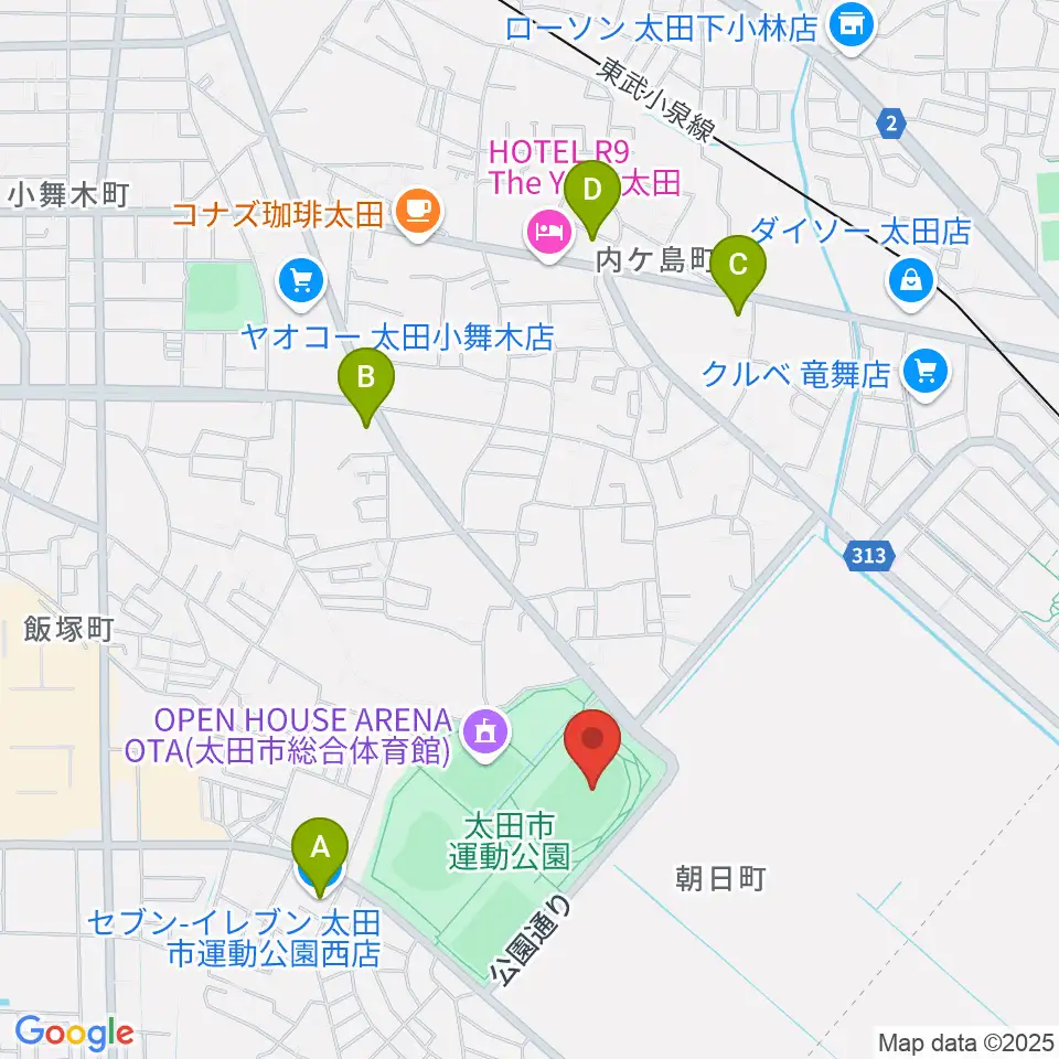 太田市運動公園陸上競技場周辺のコンビニエンスストア一覧地図