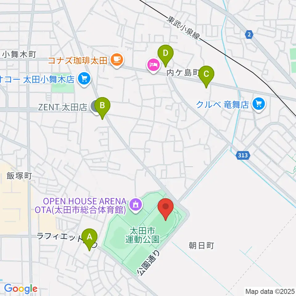太田市運動公園陸上競技場周辺のコンビニエンスストア一覧地図