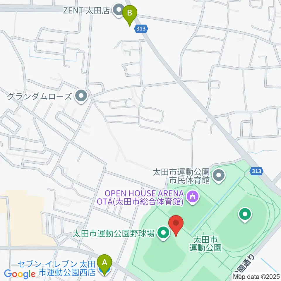 太田市運動公園野球場周辺のコンビニエンスストア一覧地図
