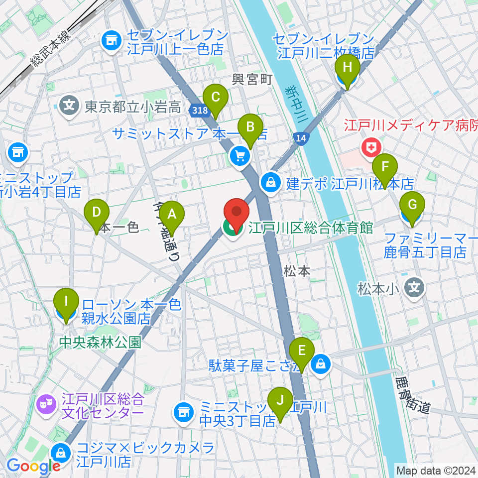 江戸川区総合体育館周辺のコンビニエンスストア一覧地図