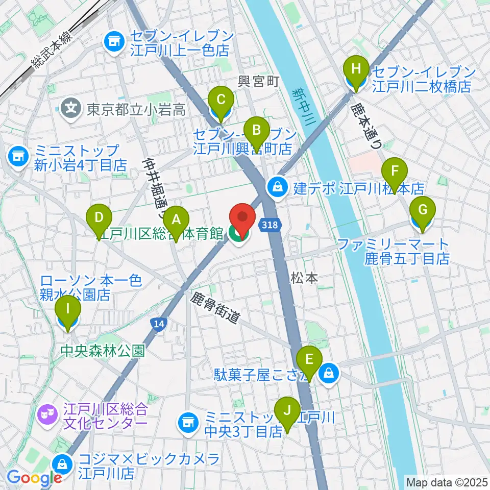 江戸川区総合体育館周辺のコンビニエンスストア一覧地図
