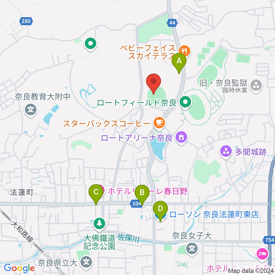 ロートスタジアム奈良周辺のコンビニエンスストア一覧地図