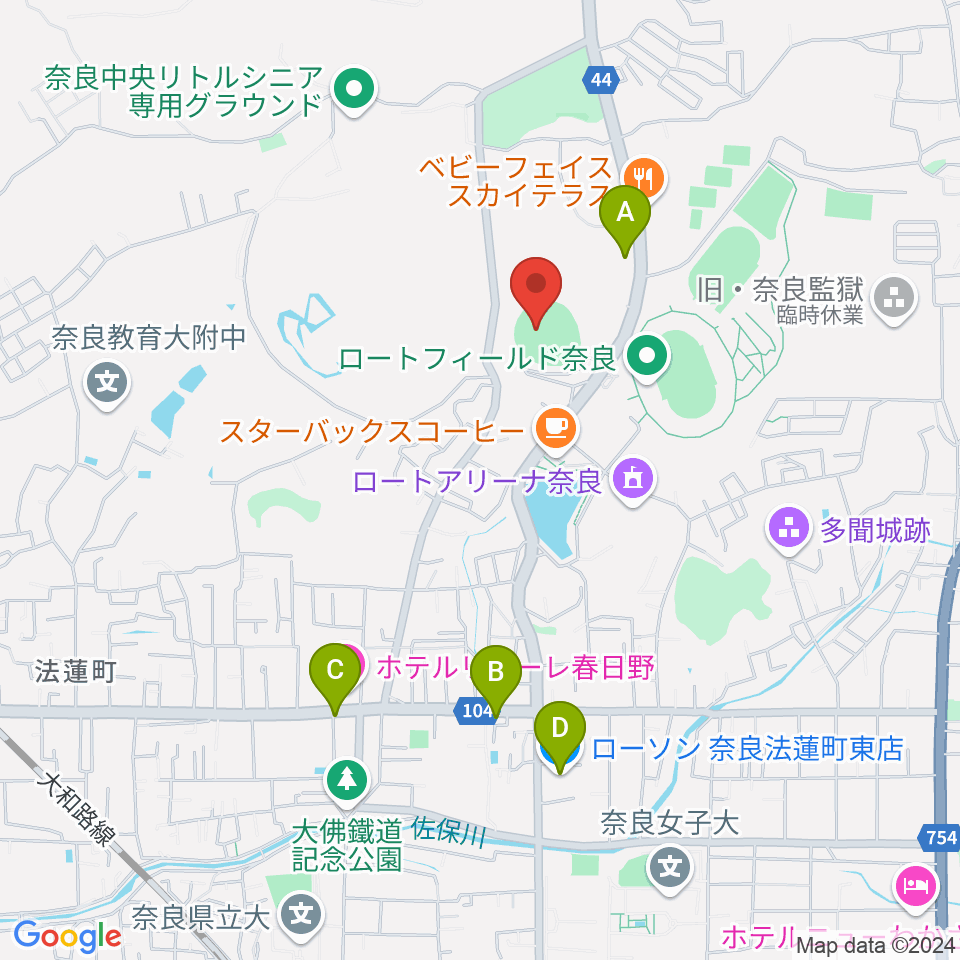 ロートスタジアム奈良周辺のコンビニエンスストア一覧地図