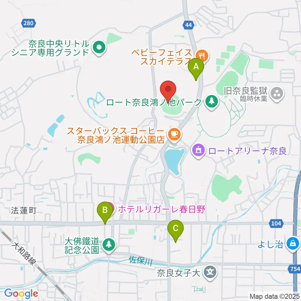 ロートスタジアム奈良周辺のコンビニエンスストア一覧地図