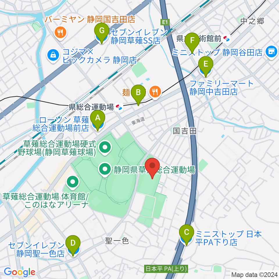 草薙総合運動場球技場周辺のコンビニエンスストア一覧地図