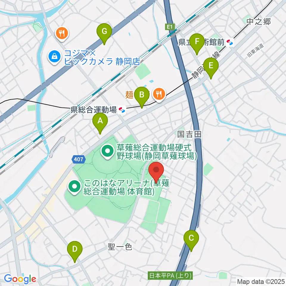 草薙総合運動場球技場周辺のコンビニエンスストア一覧地図