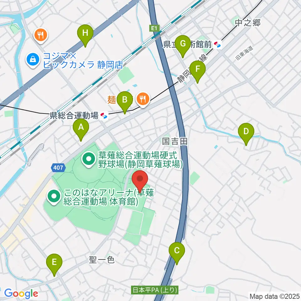 草薙総合運動場球技場周辺のコンビニエンスストア一覧地図