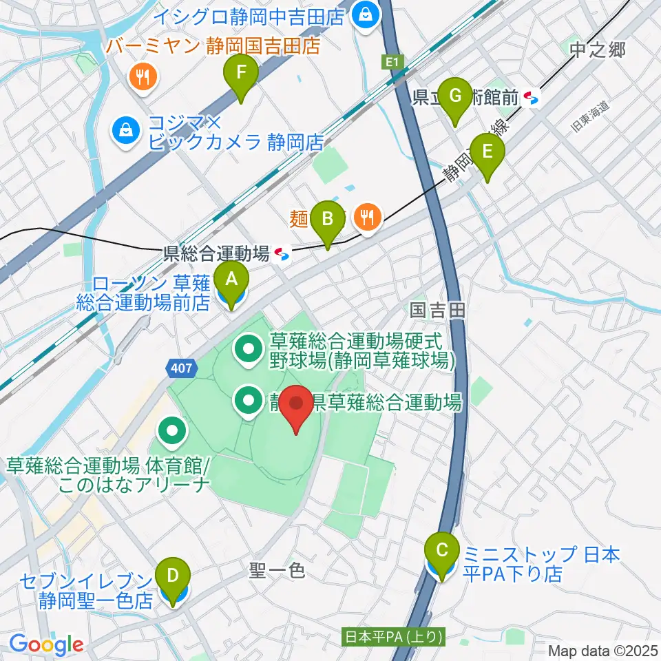 草薙総合運動場陸上競技場周辺のコンビニエンスストア一覧地図