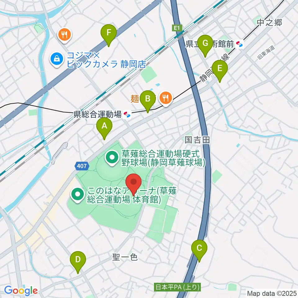 草薙総合運動場陸上競技場周辺のコンビニエンスストア一覧地図
