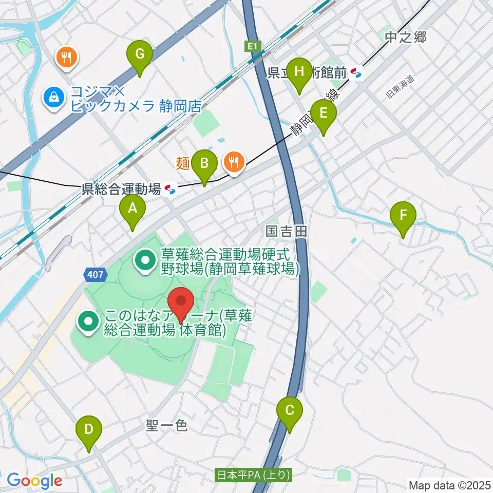 草薙総合運動場陸上競技場周辺のコンビニエンスストア一覧地図