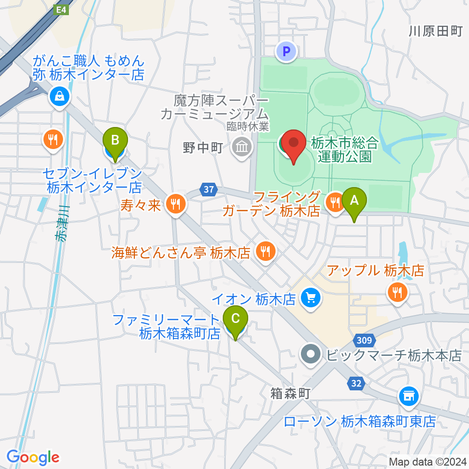 とちぎ木の花スタジアム周辺のコンビニエンスストア一覧地図