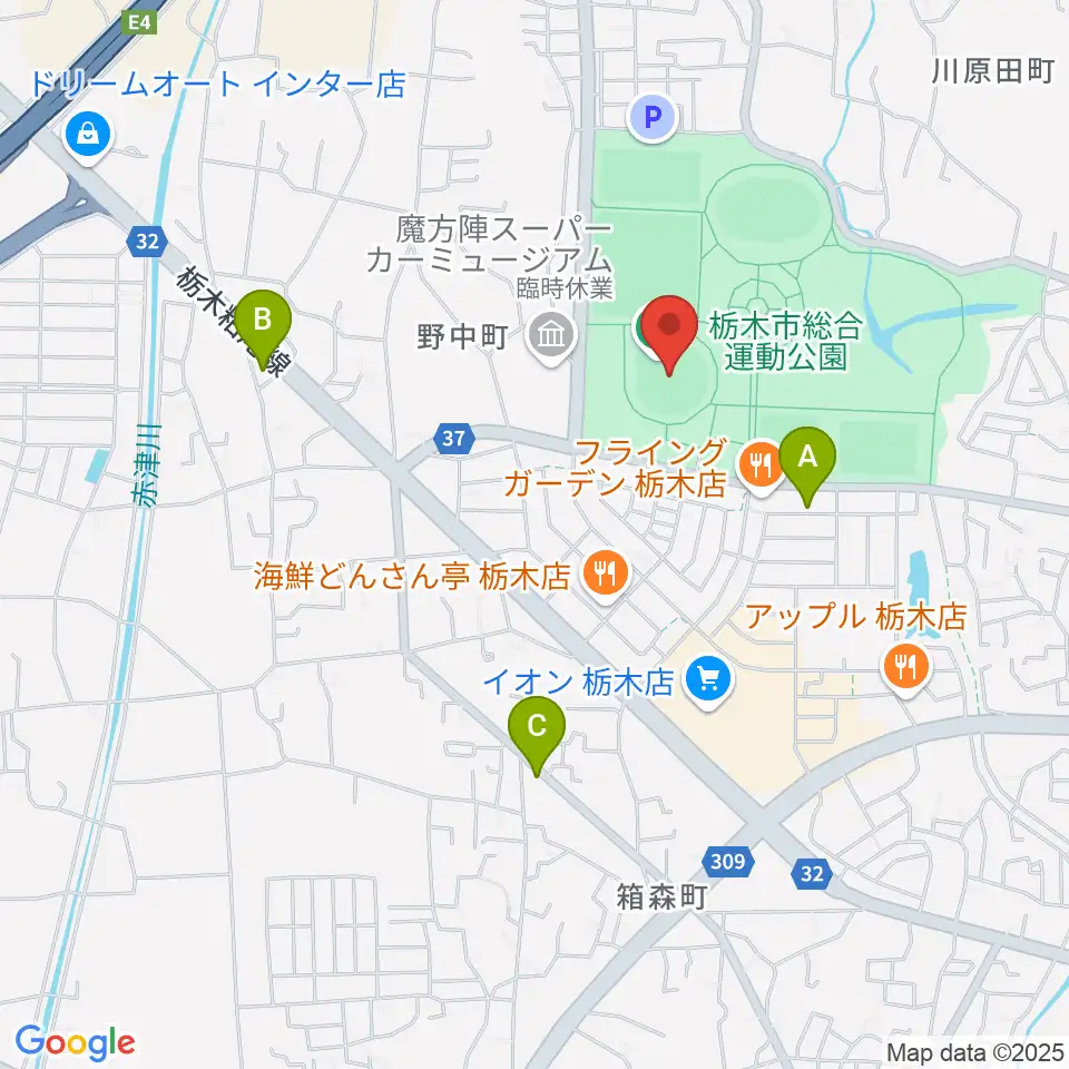 とちぎ木の花スタジアム周辺のコンビニエンスストア一覧地図