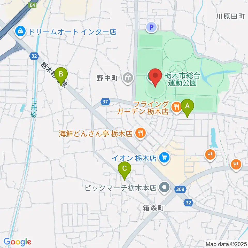とちぎ木の花スタジアム周辺のコンビニエンスストア一覧地図