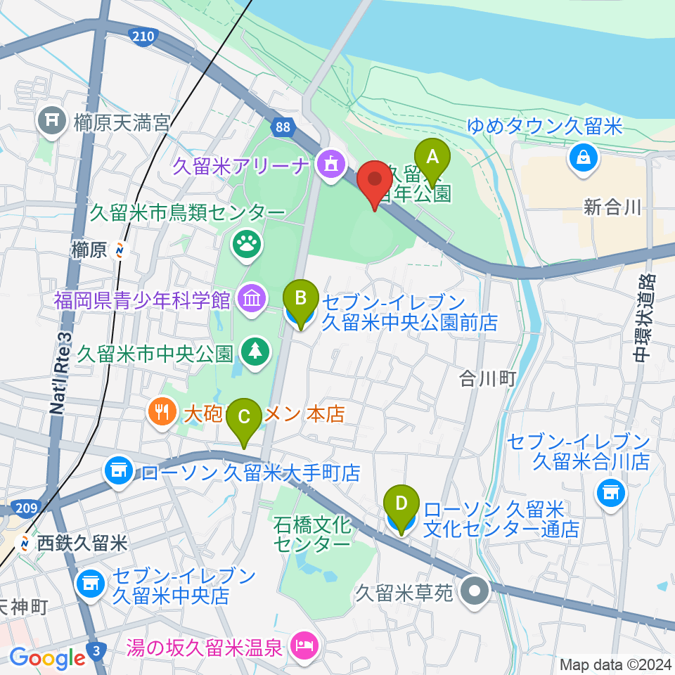 久留米市野球場周辺のコンビニエンスストア一覧地図